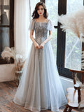 Gray tulle beads prom dress evening dress HZ1023