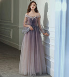 Purple tulle lace long prom dress purple evening dress HZ1023