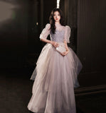 Cute tulle sequins long prom dress fashion girl dress HZ1023