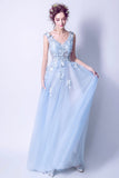 Blue tulle lace long A line prom dress blue evening dress HZ1023