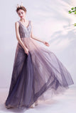 Purple gradient tulle long A line prom dress evening dress HZ1023