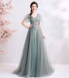 Elegant v neck lace long prom dress evening dress HZ1023