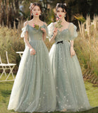 Green tulle long A line prom dress bridesmaid dress HZ1023