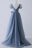 Blue v neck tulle long A line prom dress evening dress HZ1023