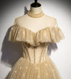 Gold tulle sequins long ball gown dress formal dress HZ1023