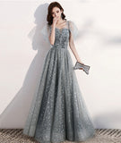 Shiny tulle long prom dress with sequins gray evening dress HZ1023