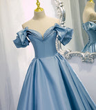 Shiny satin long A line prom dress blue evening dress HZ1023