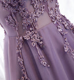 Purple v neck long A line prom dress lace evening dress HZ1023