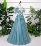 Blue v neck lace long prom gown blue evening dress HZ1023