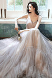 Stylish v neck tulle long A line prom dress evening dress HZ1023