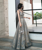 Gray Fashion Elegant V-neck Sequined Long Tulle Ball Gown Evening Dress Ball Gown HZ1023