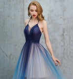 Blue v neck tulle long prom dress blue evening dress HZ1023