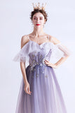 Purple tulle long A line prom dress evening dress HZ1023