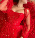 Red tulle short prom dress with long sleeve cocktail dress HZ1023