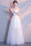 White tulle long A line prom dress white evening dress HZ1023