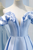 Blue satin long A line prom dress blue evening dress HZ1023
