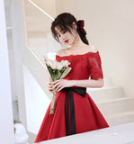 Red satin lace short prom dress red homecoming dress HZ1023