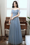 Blue tulle beads long A line prom dress evening dress HZ1023