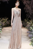 Champagne sequins long A line prom dress evening dress HZ1023