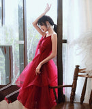 Burgundy v neck tulle sequins prom dress homecoming dress HZ1023