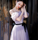 Purple tulle long A line prom gown evening gown HZ1023