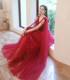 Red tulle beads long A line prom dress evening dress HZ1023