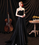 Black satin long A line prom dress black evening dress HZ1023