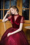 Burgundy tulle short prom dress A line evening dress HZ1023
