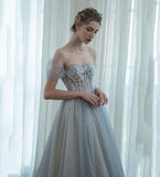 Grey tulle beads long prom dress evening dress HZ1023