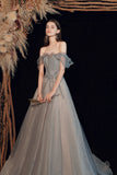 Shiny tulle long prom dress A line evening dress HZ1023