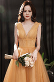 Yellow tulle tea length prom dress evening dress HZ1023