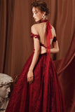 Burgundy tulle beads long A line prom dress evening dress HZ1023