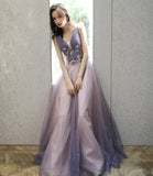 Purple tulle long A line prom dress purple evening dress HZ1023