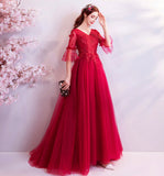 Red v neck lace long prom dress A line evening gown HZ1023