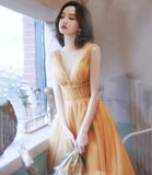 Yellow tulle short A line prom dress yellow evening dress HZ1023