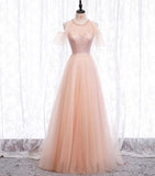 Pink tulle sequins long prom dress HZ1023