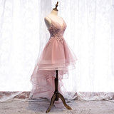 Cute v neck lace short prom dress high low evening dress HZ1023