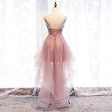 Cute v neck lace short prom dress high low evening dress HZ1023