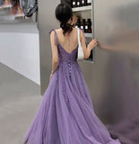 Purple tulle lace long prom dress A line evening gown HZ1023