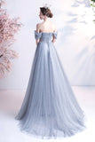 Gray tulle long A line prom dress gray evening dress HZ1023