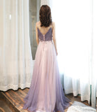 Purple tulle long A line prom dress purple evening dress HZ1023