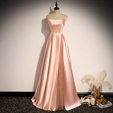 Pink Simple Elegant A-line Long Satin Ball Gown Evening Gown Bridesmaid Dress HZ1023