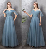 Blue tulle long prom dress A line evening dress HZ1023