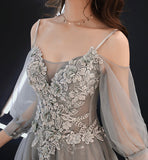 Gray tulle lace long A line prom dress evening dress HZ1023
