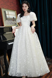 Sweet A line sequins long prom dress white evening dress HZ1023