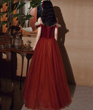 Burgundy velvet tulle long prom dress evening dress HZ1023