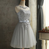 Gray lace short A line prom dress homecoming dress HZ1023