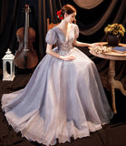 Gray tulle sequins long A line prom dress evening dress HZ1023