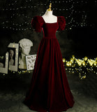 Burgundy velvet long A line prom dress evening dress HZ1023
