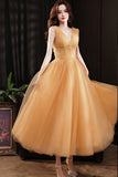 Yellow tulle tea length prom dress evening dress HZ1023